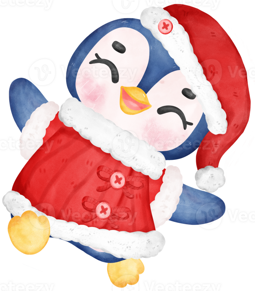 Christmas penguin santa, joyful animal cartoon watercolor hand drawing png