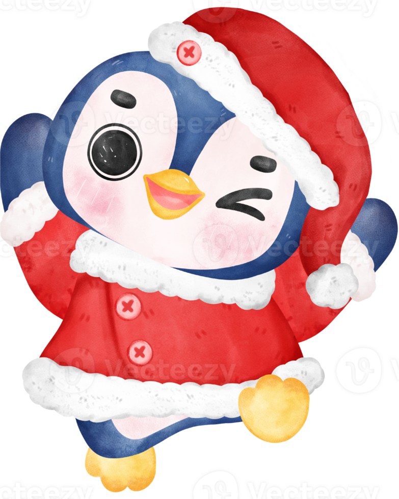 Christmas penguin santa, joyful animal cartoon watercolor hand drawing png