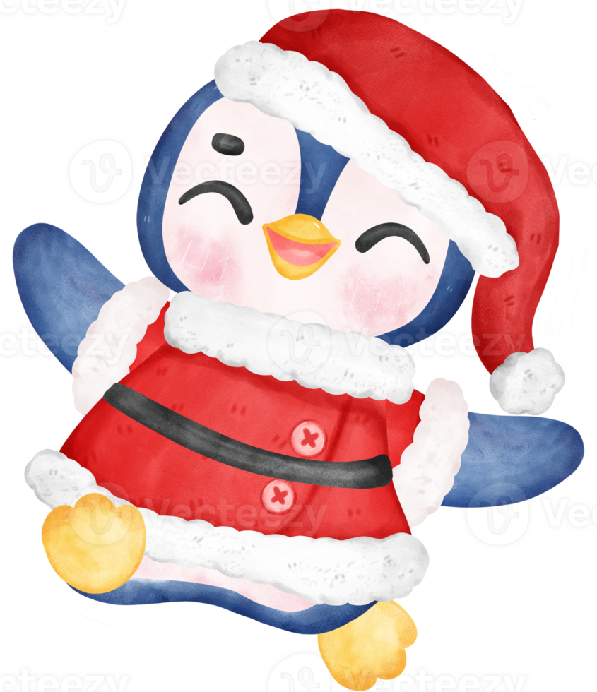 Christmas penguin santa, joyful animal cartoon watercolor hand drawing png
