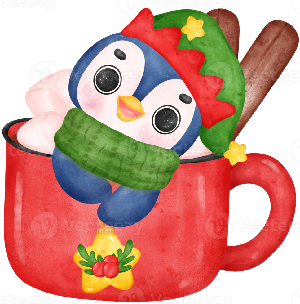 Cute adorable Christmas Penguin hold hot choco cup  cartoon character watercolor hand drawing png
