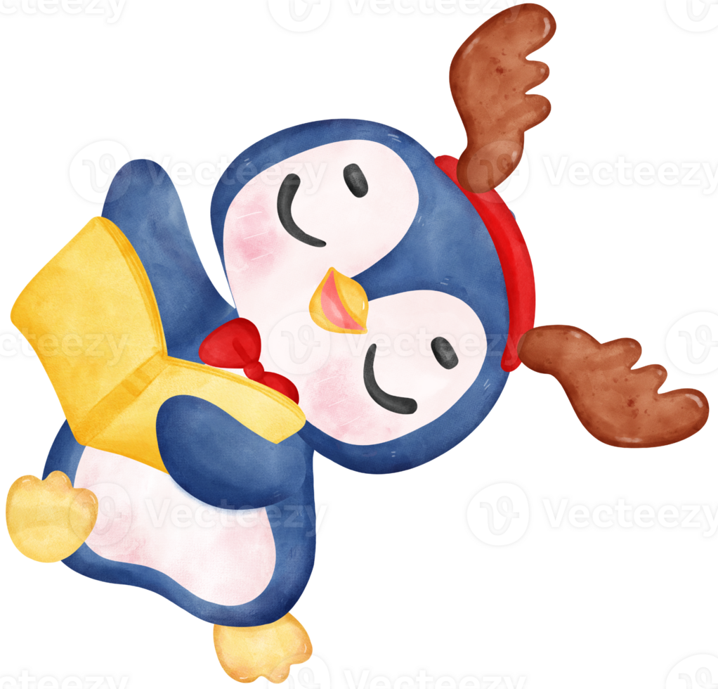 Cute adorable joyful christmas penguin caroler cartoon character watercolor hand drawing png