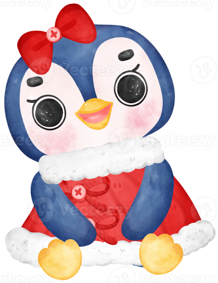Christmas penguin santa, joyful animal cartoon watercolor hand drawing png