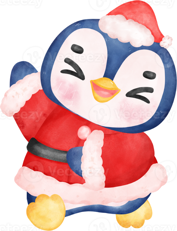 Christmas penguin santa, joyful animal cartoon watercolor hand drawing png