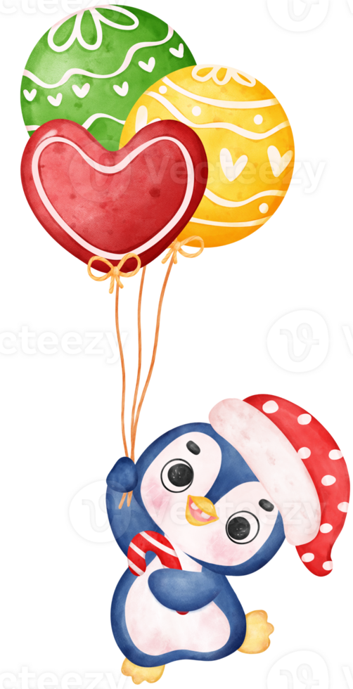 Cute joyful Christmas penguin with balloons cartoon animal watercolour png