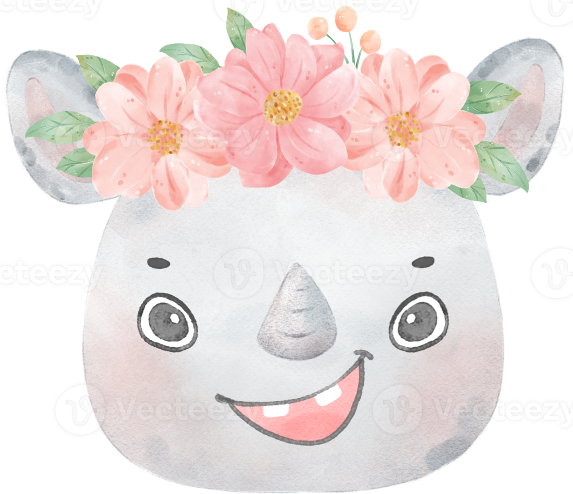 Cute sweet cheerful Baby Rhinoceros smile face, wild animal watercolour nursery children cartoon drawing png