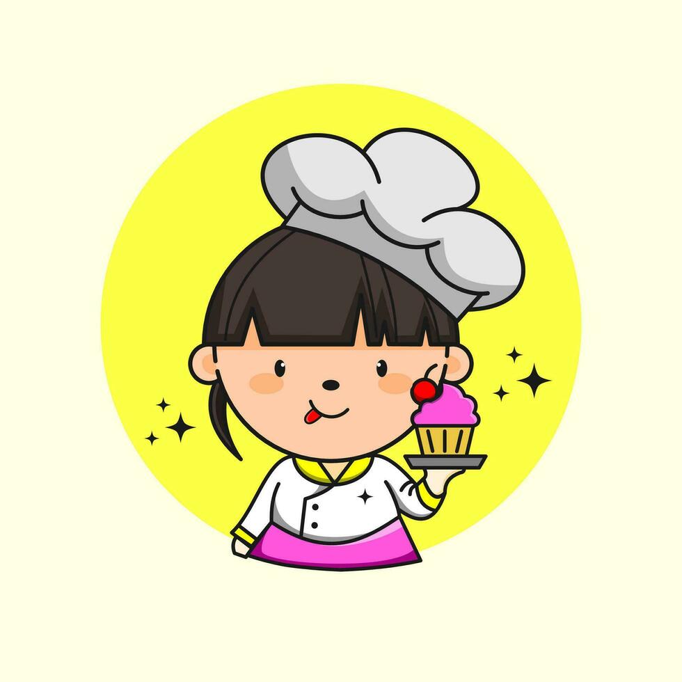 linda cocinero con taza pastel ilustración dibujos animados vector