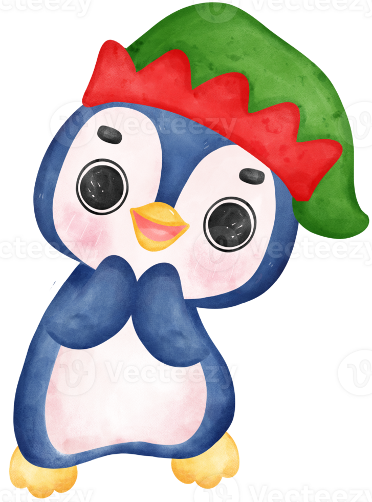 Cute happy joyful christmas penguin santa helper wears elf hat cartoon character watercolor hand drawing png