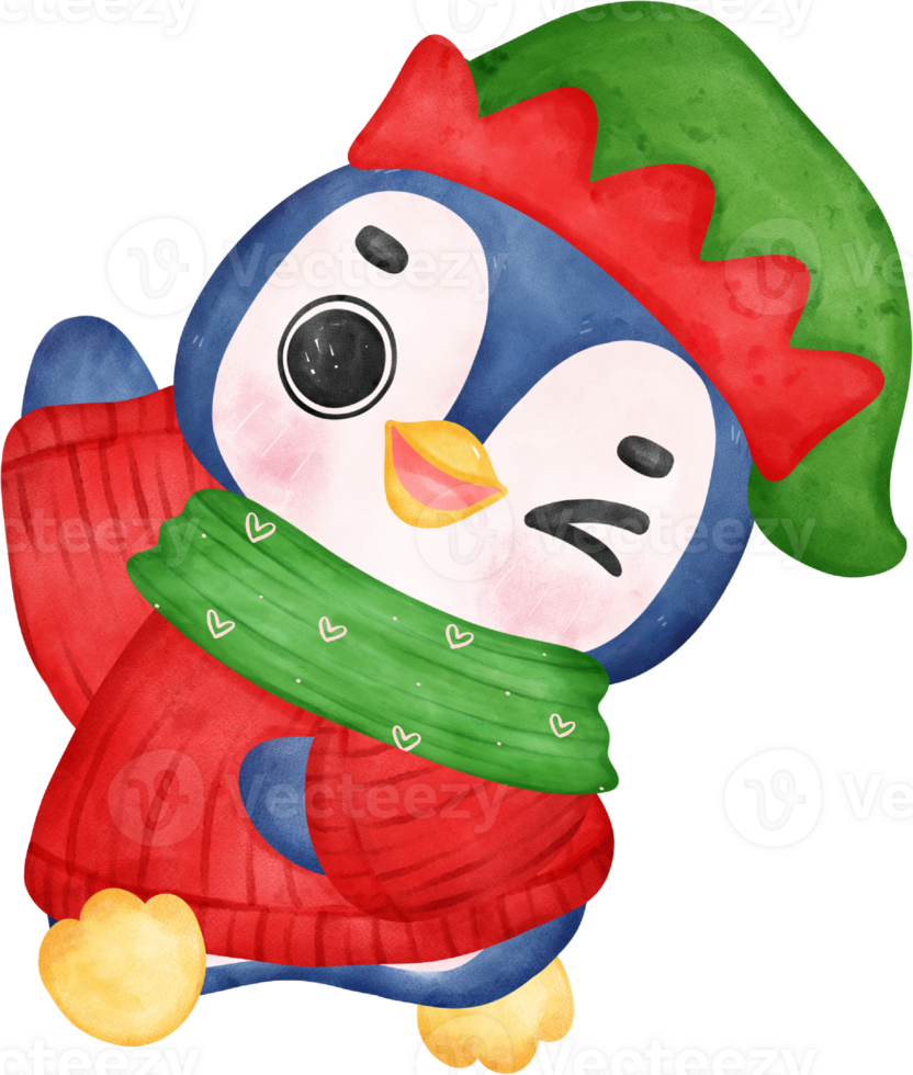 Cute happy joyful christmas penguin santa helper wears elf hat cartoon character watercolor hand drawing png