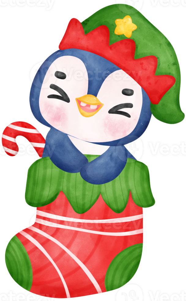 linda contento alegre Navidad pingüino Papa Noel ayudante usa duende sombrero dibujos animados personaje acuarela mano dibujo png