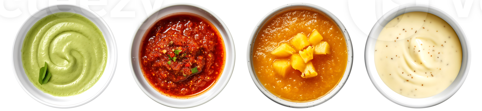 Wasabi, Spicy Sambal, pineapple, Cheese sauce on white bowl, top view with transparent background, Technology png
