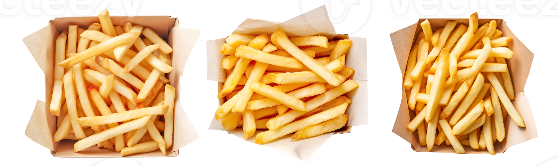 French Fries on paper box, top view with transparent background, Technology png