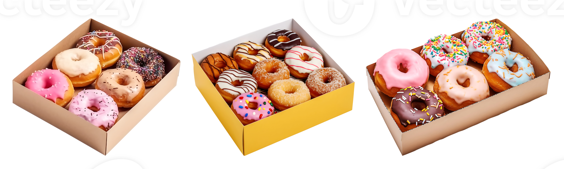 Delicious Donuts on paper box, top view with transparent background, Technology png