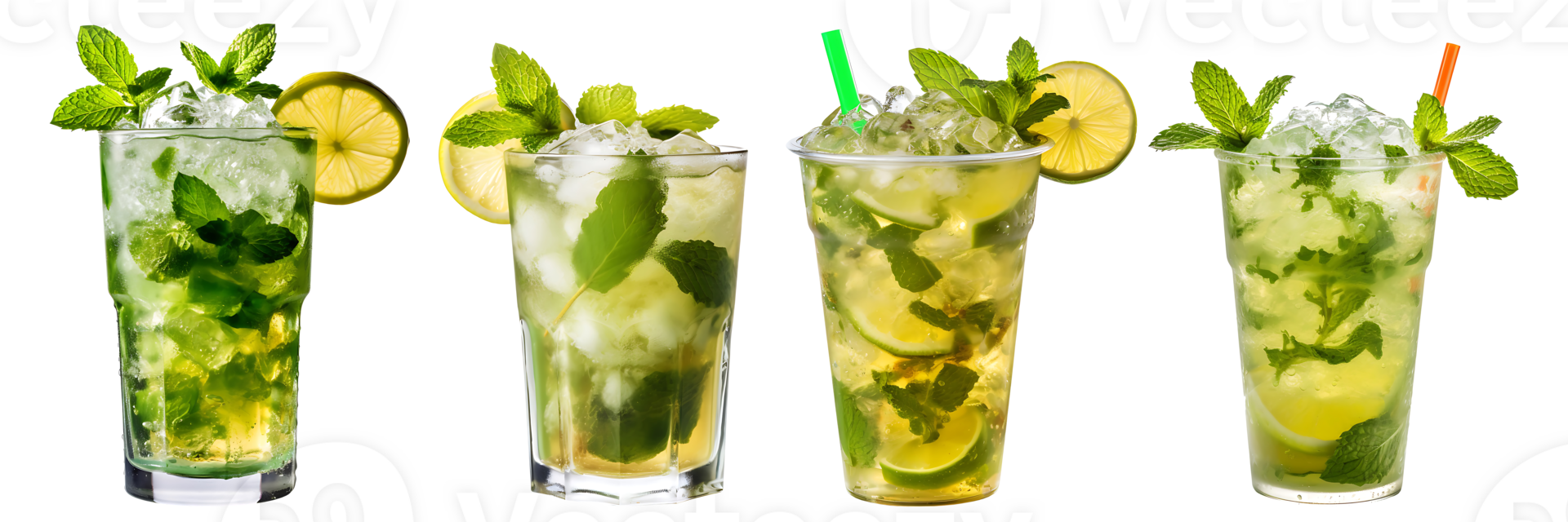 Classic Cuban Mojito on plastic cup, side view with transparent background, Technology png