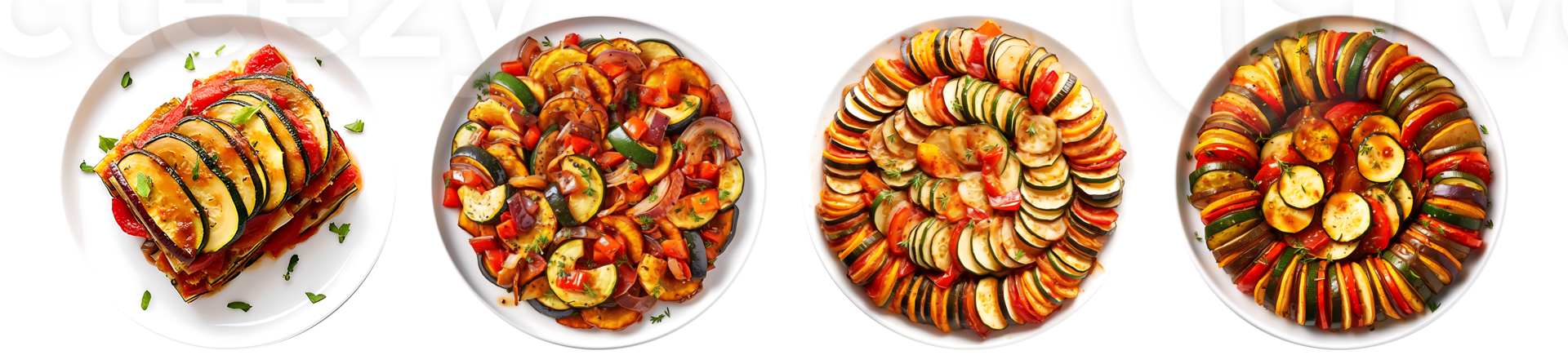 Homemade Classic French Ratatouille on white bowl, top view with transparent background, Technology png