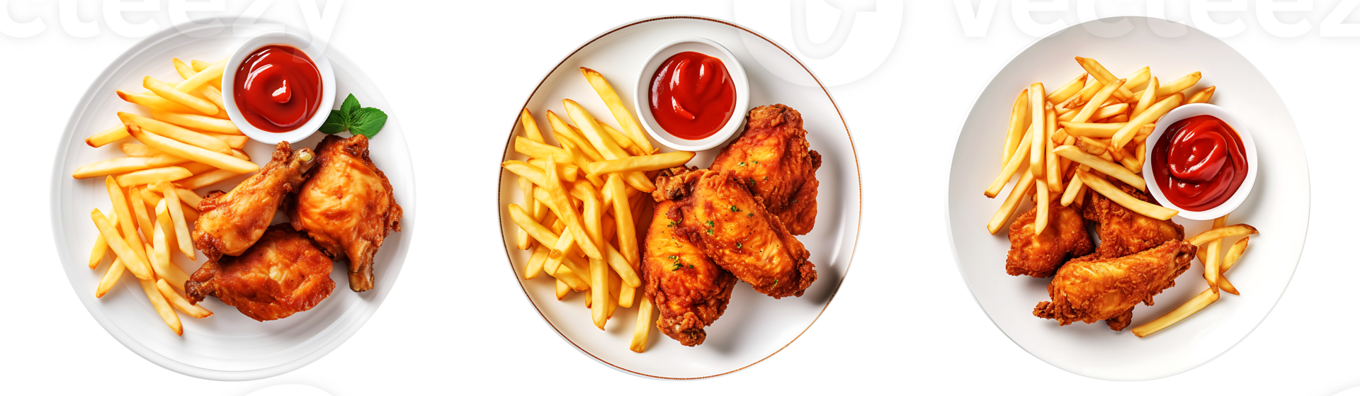 Fried Chicken and French fries with ketchup on white plate, top view with transparent background, Technology png