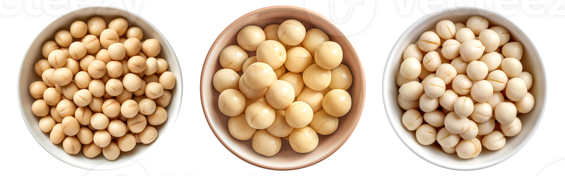 Macadamia on white bowl, aerial view with transparent background, Technology png