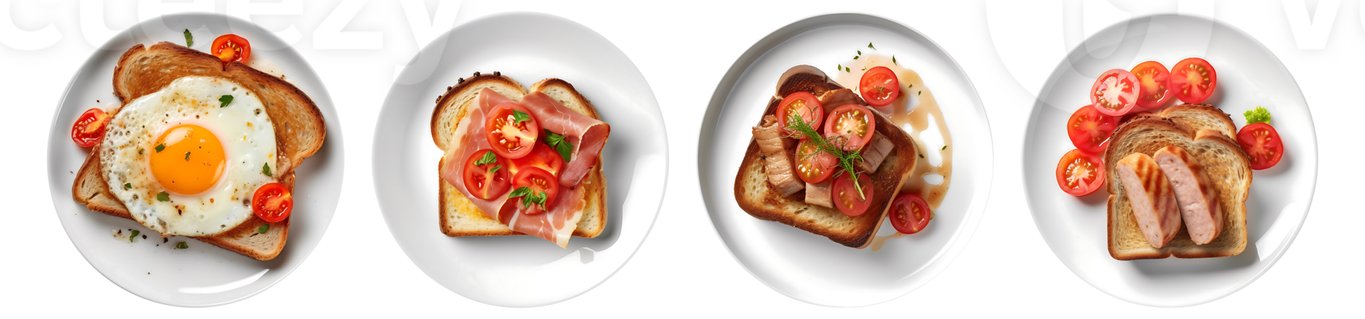 Toast bread with pork belly, egg, ham, sausage on white plate, top view with transparent background, Generative AI Technology png