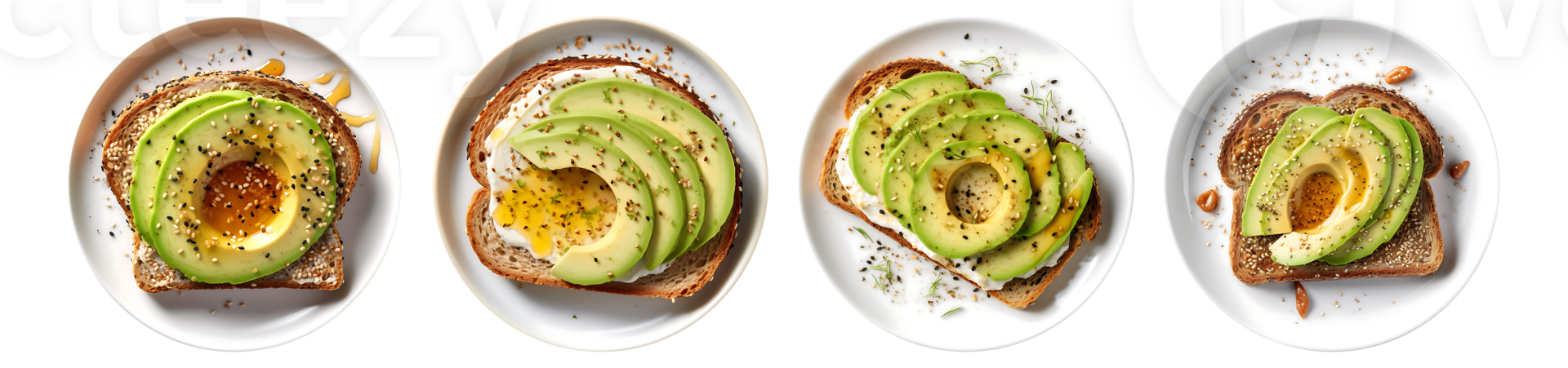 Honey Yogurt Avocado Toast, on white plate, top view with transparent background, Technology png