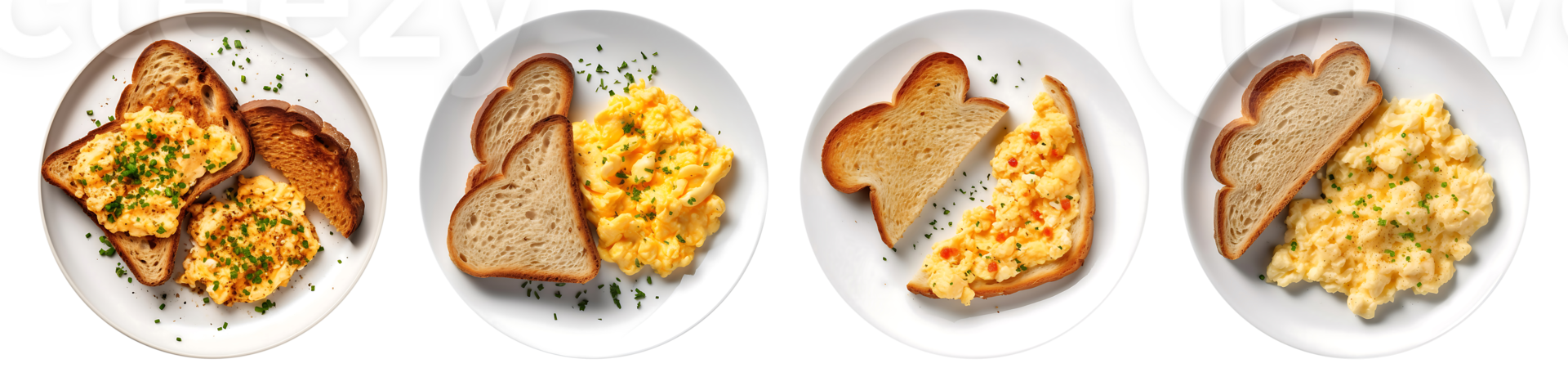 Scrambled Eggs and Toast bread on white plate, top view with transparent background, Generative AI Technology png