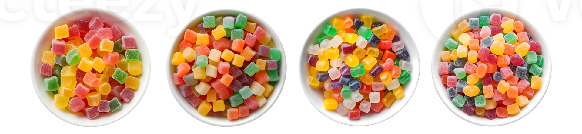 Gummy Candy on white bowl, aerial view with transparent background, Technology png