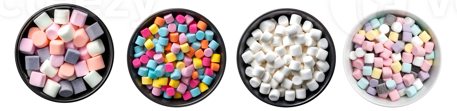 Multicolored Marshmallows in bowl, aerial view with transparent background, Technology png