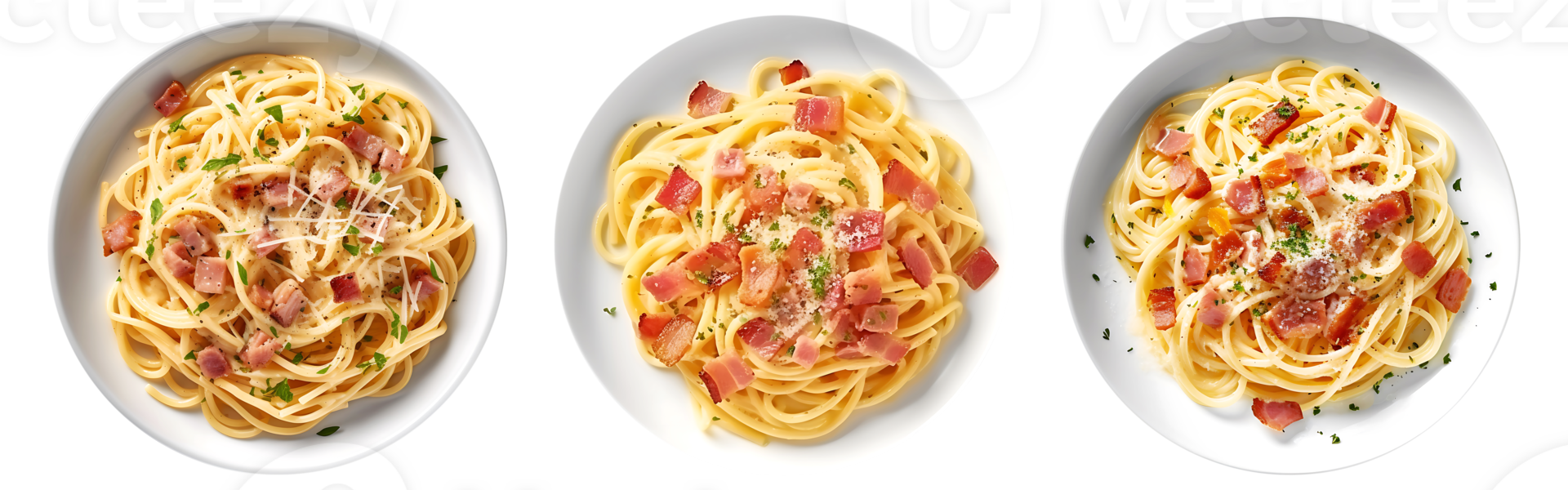 Spaghetti Carbonara on white bowl, top view with transparent background, Technology png