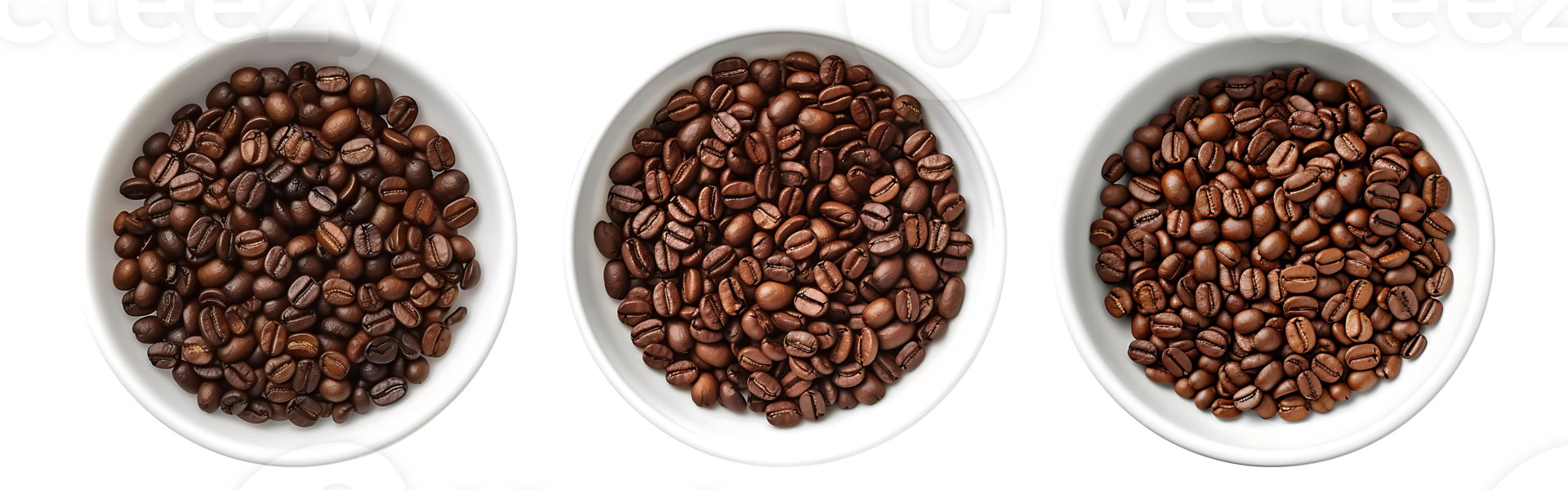 Coffee beans on white bowl, aerial view with transparent background, Technology png