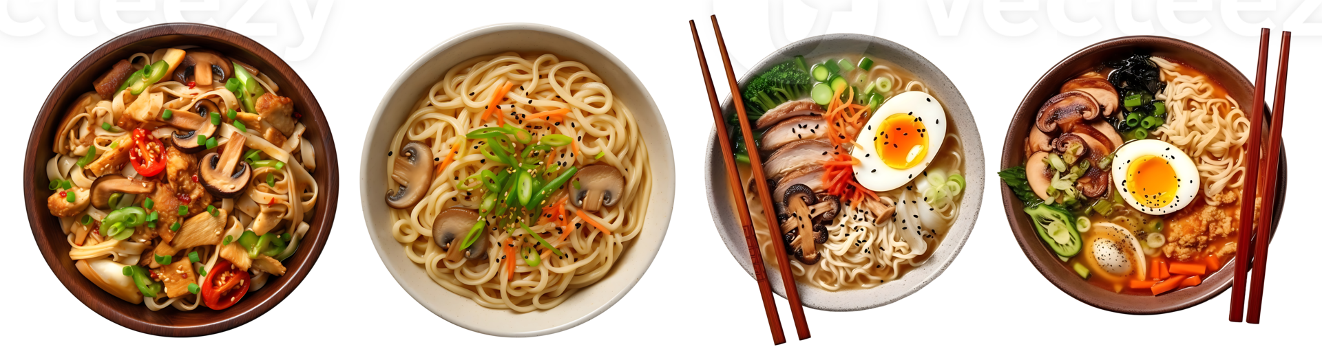 Asian noodle soup, ramen on bowl, top view with transparent background, Technology png