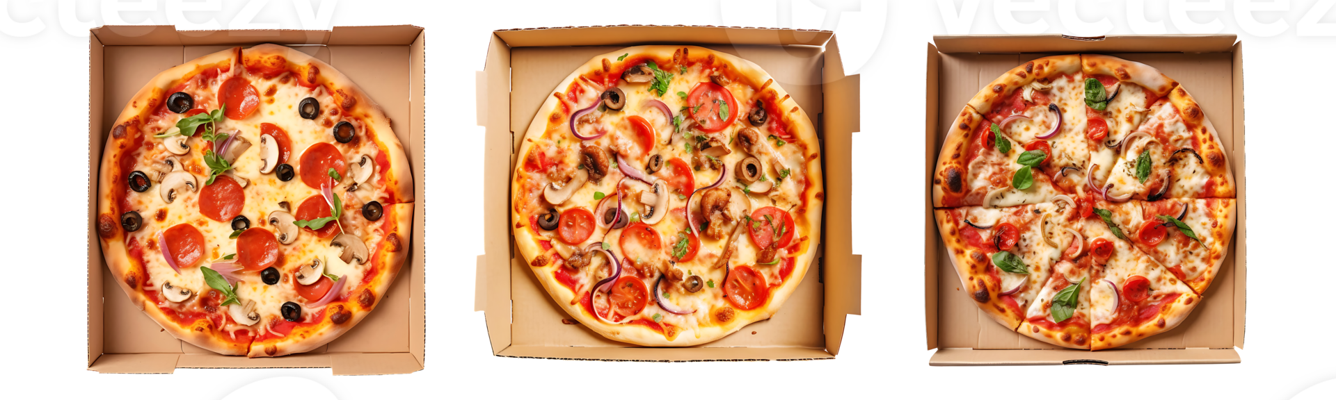 Delicious Pizza on paper box, top view with transparent background, Technology png