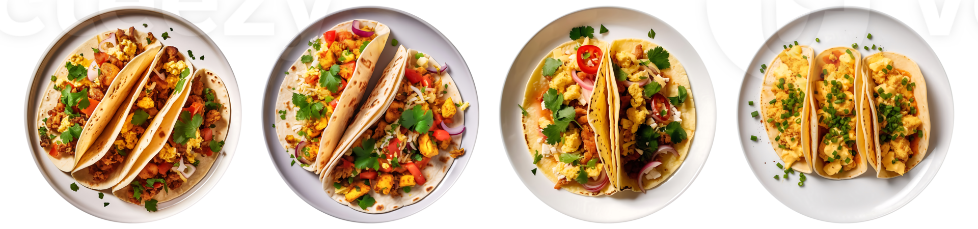 Scrambled Egg Tacos on Toast bread on white plate, top view with transparent background, Generative AI Technology png