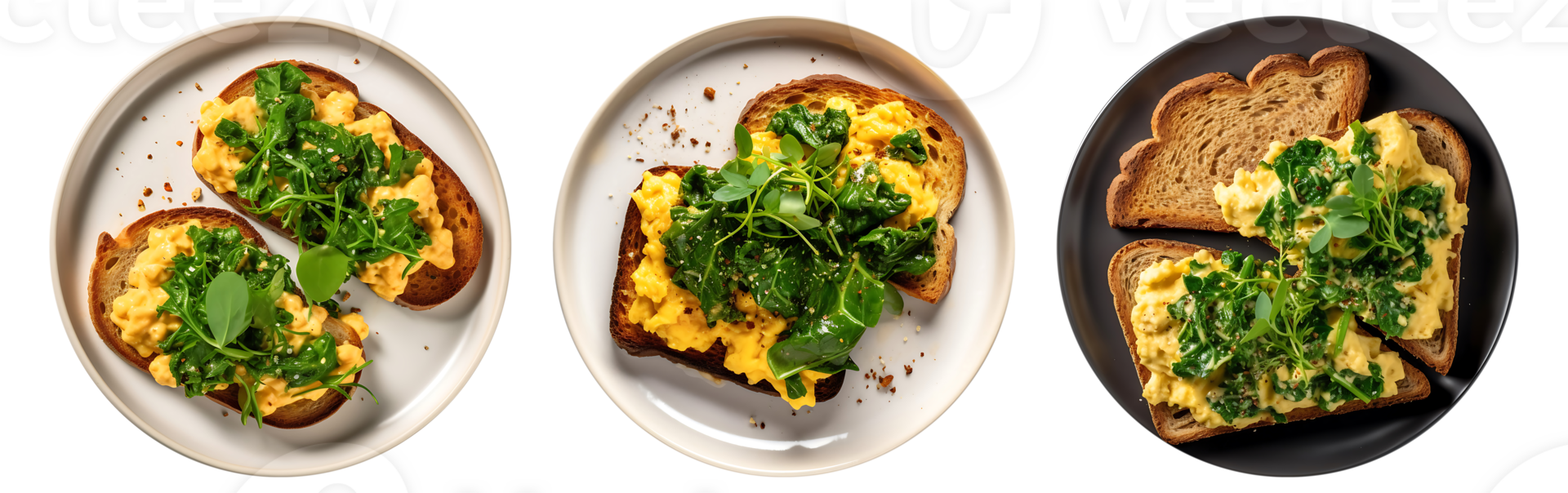 Scrambled Eggs Mustard Greens on Toast bread, white plate, top view with transparent background, Generative AI Technology png