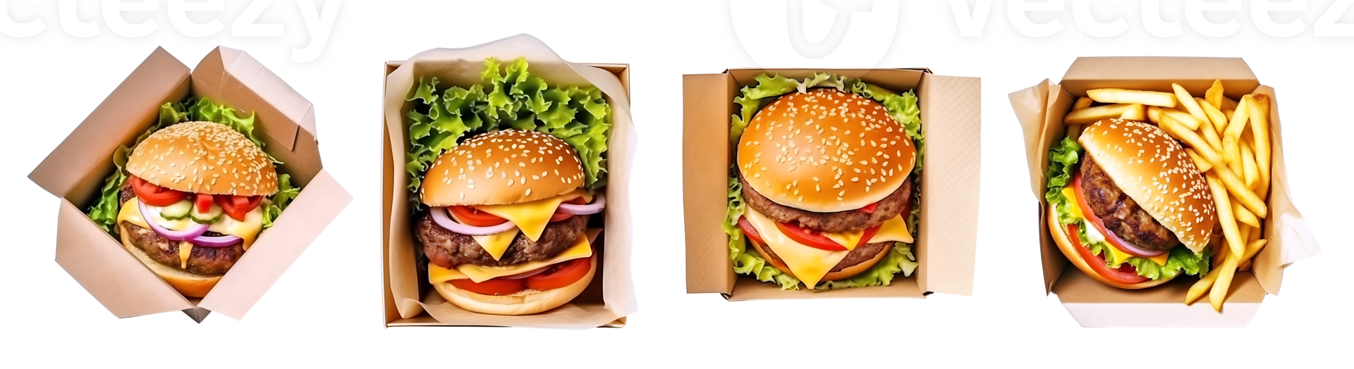 Delicious Burger on paper box, top view with transparent background, Technology png