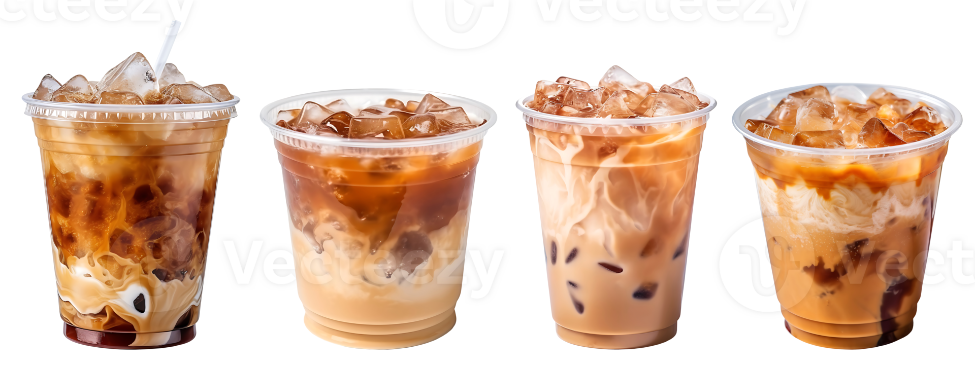 Cold brewed iced latte coffee on plastic cup, side view with