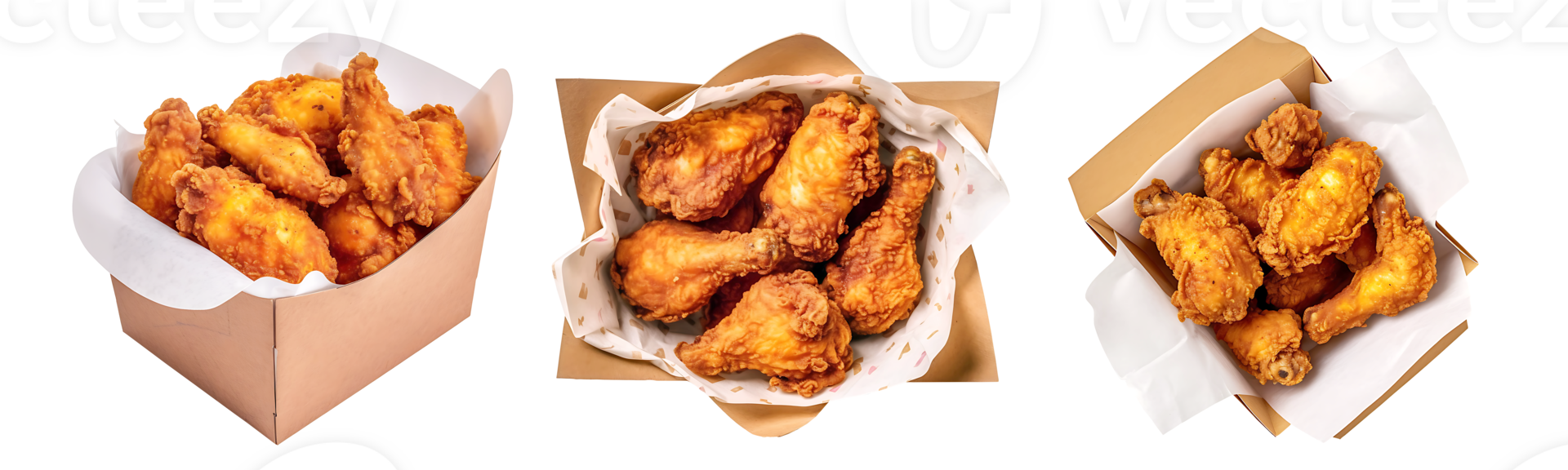 Fried Chicken on paper box, top view with transparent background, Technology png