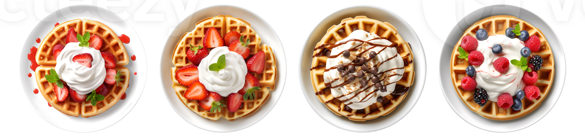 Waffles with strawberry, chocolate chip and berries topping on white plate, top view with transparent background, Technology png