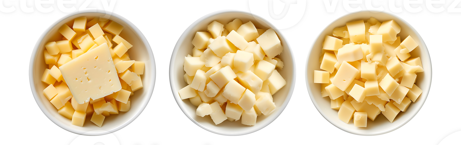 Cheese on white bowl, top view with transparent background, Technology png