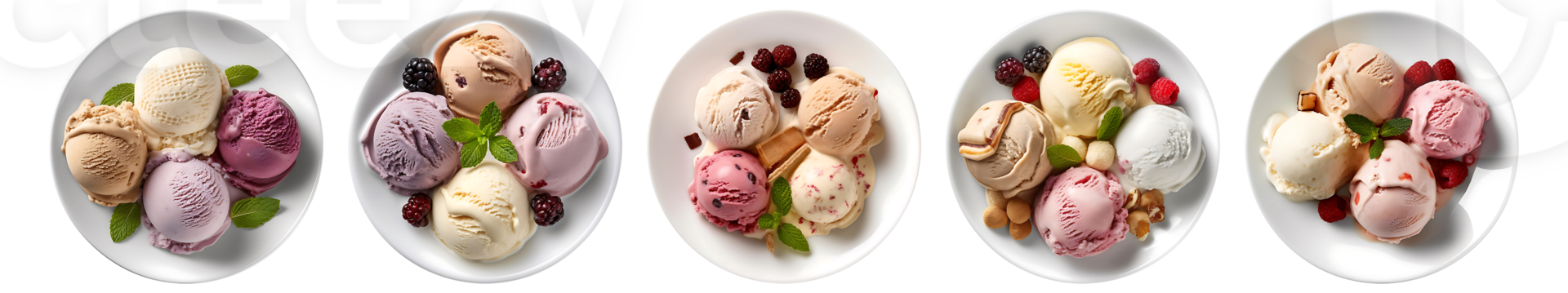 Ice cream on white plate, top view with transparent background, Technology png