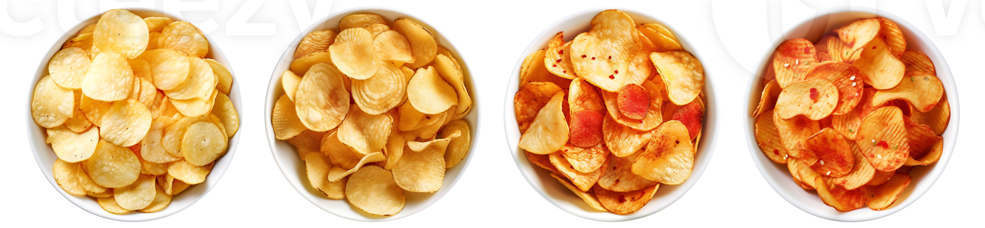 Potato chips on white bowl, top view with transparent background, Technology png