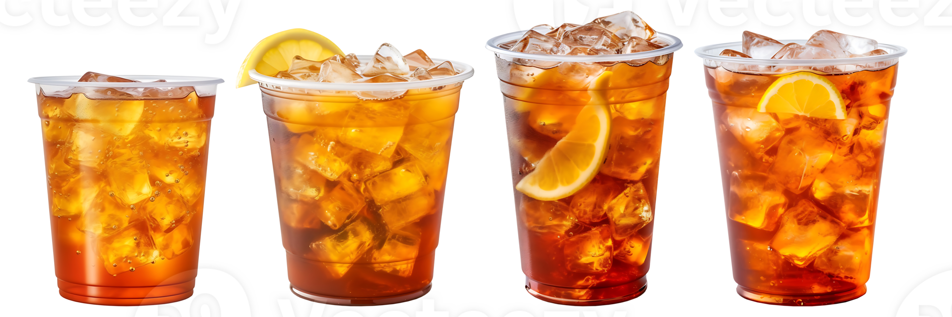 Ice tea on plastic cup with lemon, side view with transparent