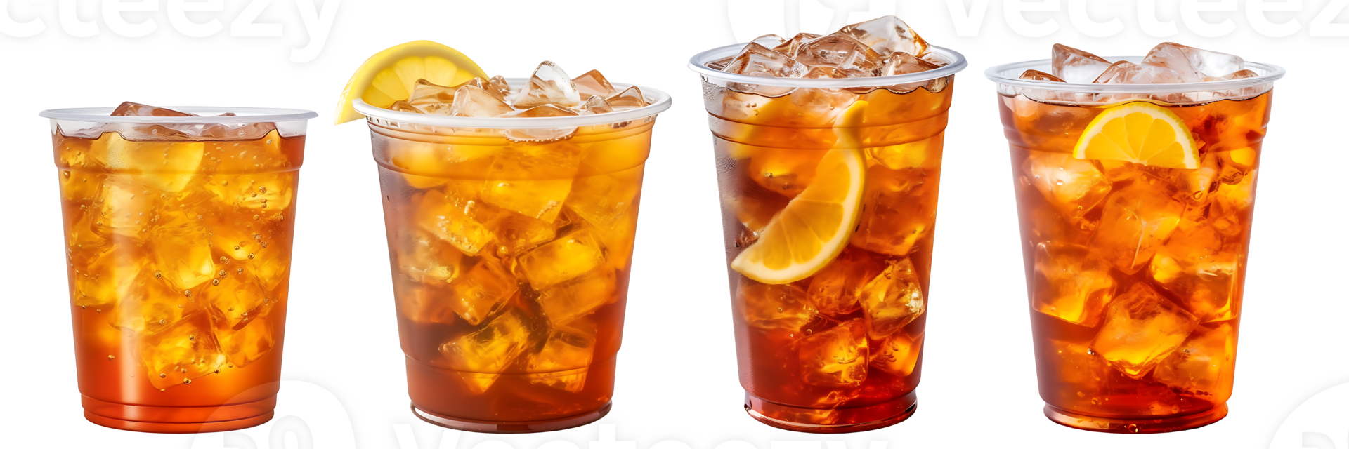 Ice tea on plastic cup with lemon, side view with transparent background, Technology png