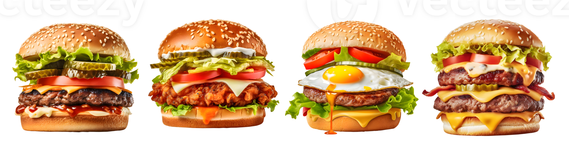 Fresh of set tasty burger, fried egg, double beef, fried chicken, side view with transparent background, Technology png