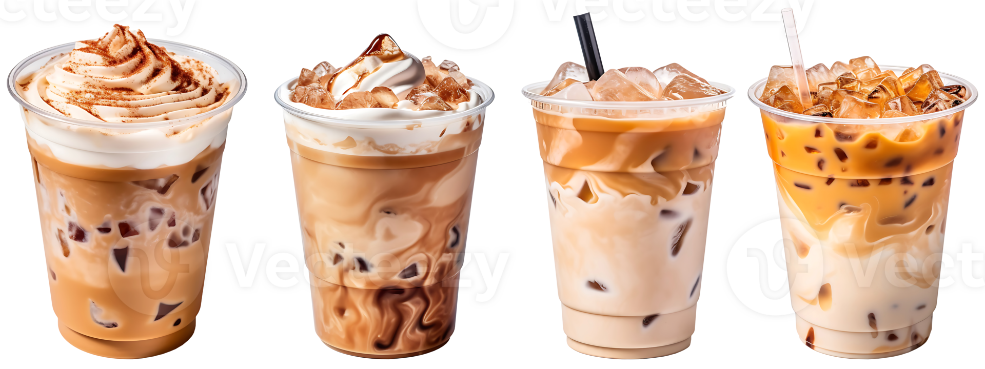 Cold brewed iced latte coffee on plastic cup, side view with transparent background, Generative AI Technology png