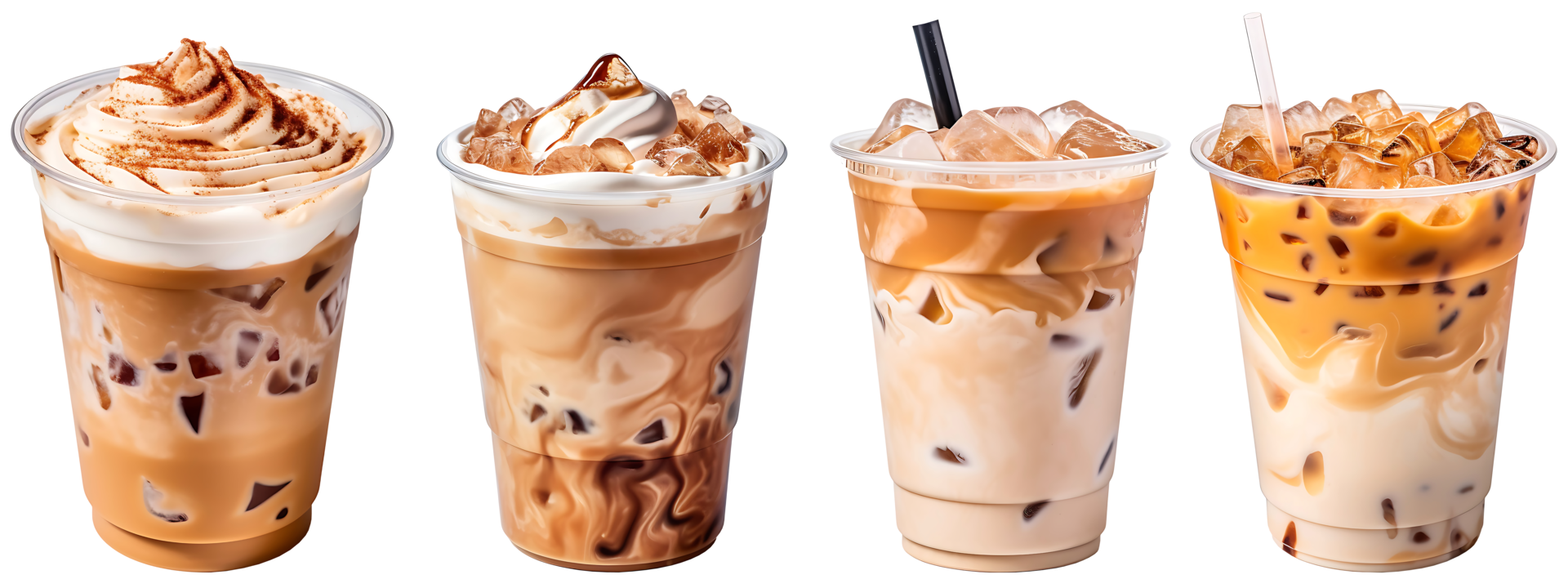 Cold brewed iced latte coffee on plastic cup, side view with