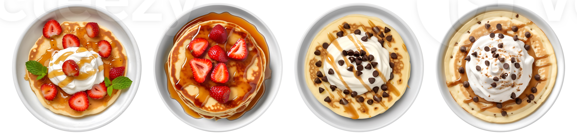 Pancake with whipping cream, strawberry, and chocochip topping on Toast bread on white plate, top view with transparent background, Technology png