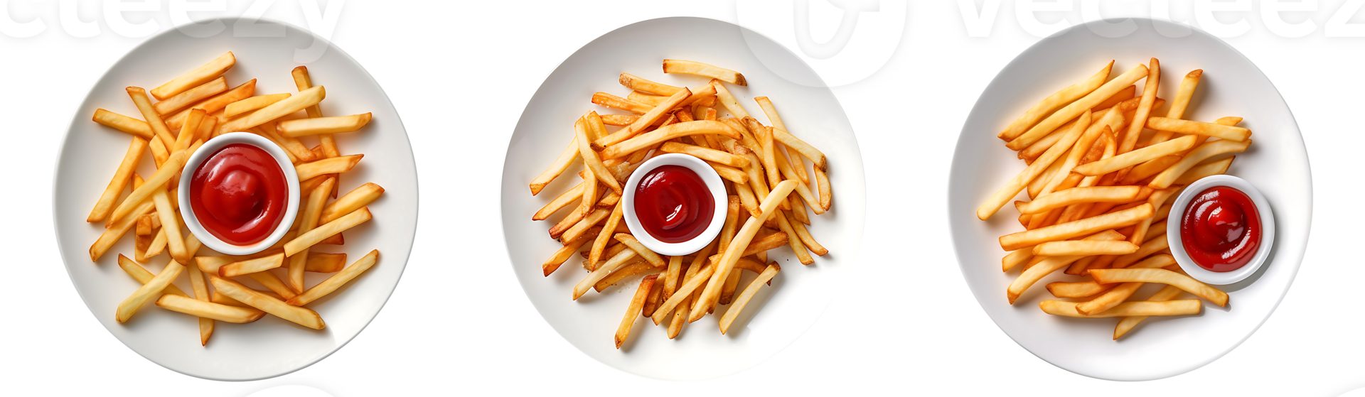 French fries with ketchup on white plate, top view with transparent background, Technology png