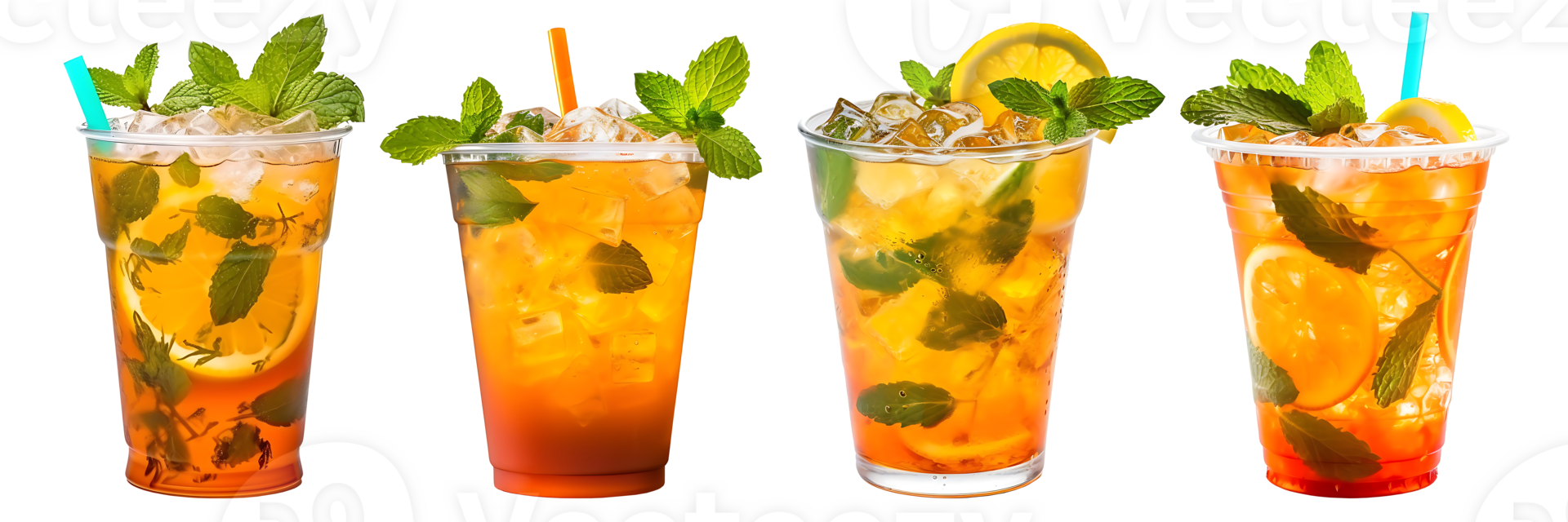 Mojito orange cocktail on plastic cup and glass, side view with transparent background, Technology png