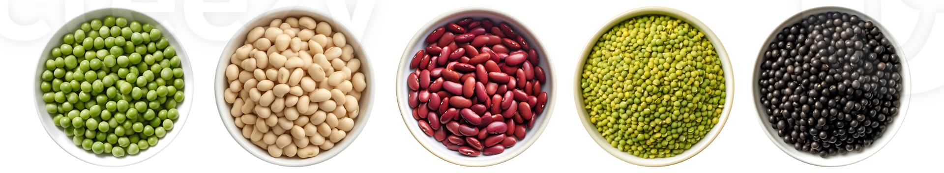 Soybean, mung beans, black soybeans, red beans, peas in bowl, top view with transparent background, Technology png