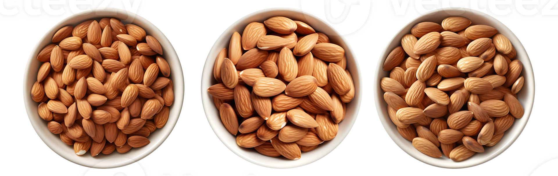 Roasted almond nut in bowl, top view with transparent background, Technology png