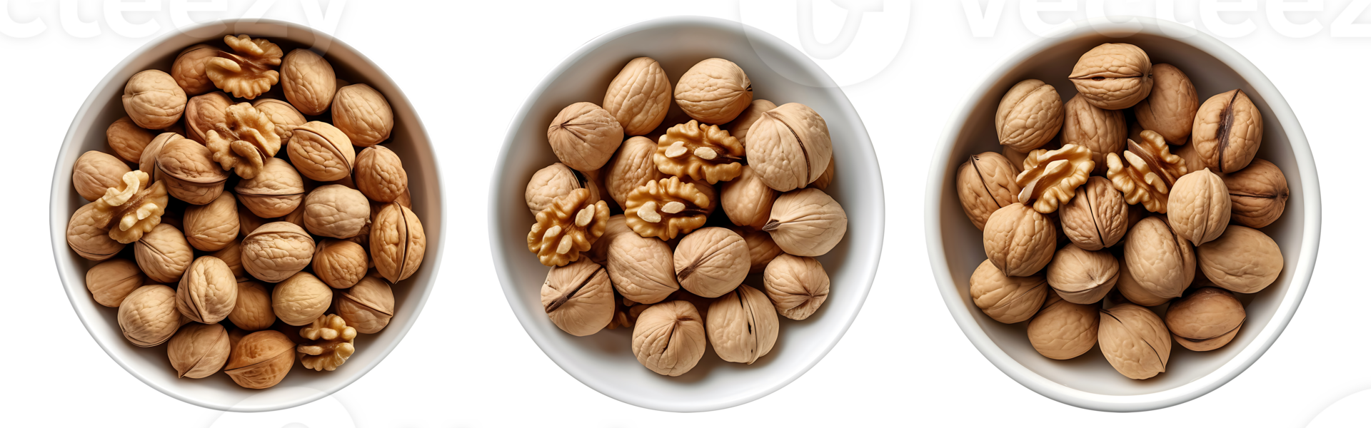 Walnuts on white bowl, aerial view with transparent background, Technology png