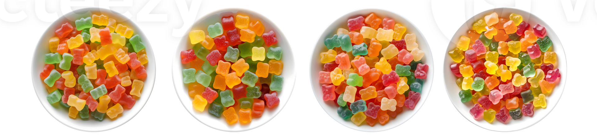 Gummy Candy on white bowl, aerial view with transparent background, Technology png